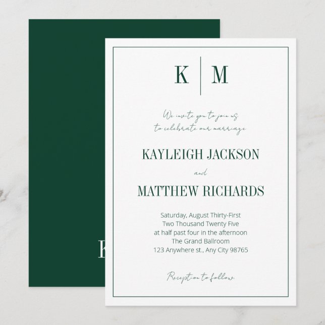Convites Elegant Emerald Green Monogram Wedding  (Frente/Verso)
