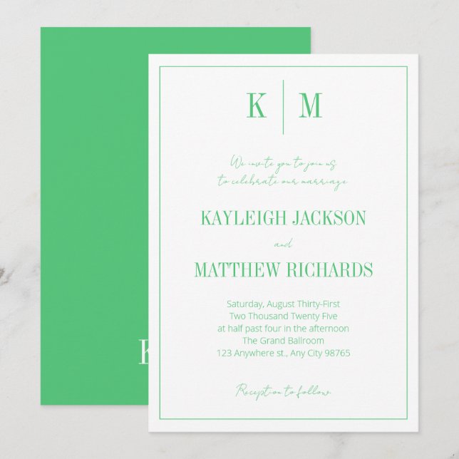 Convites Elegant Emerald Green Monogram Wedding  (Frente/Verso)