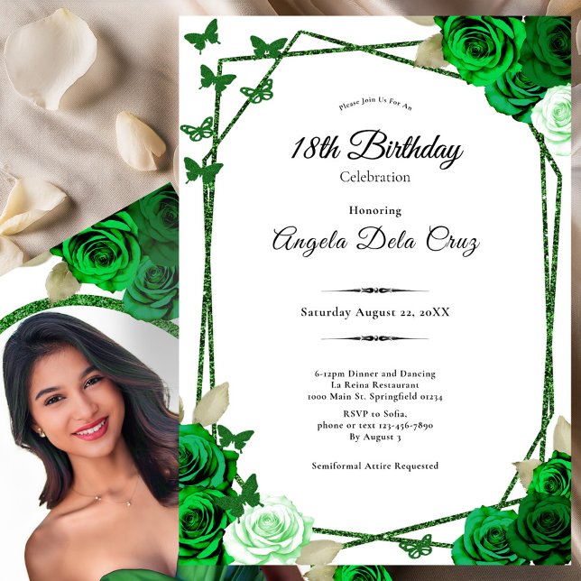Convites Elegant Emerald Green Rose 18th Birthday Debut  (Criador carregado)