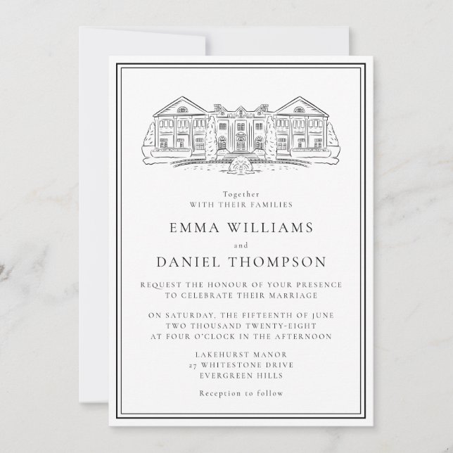 Convites Elegant Estate Illustration Wedding Invitation (Frente)