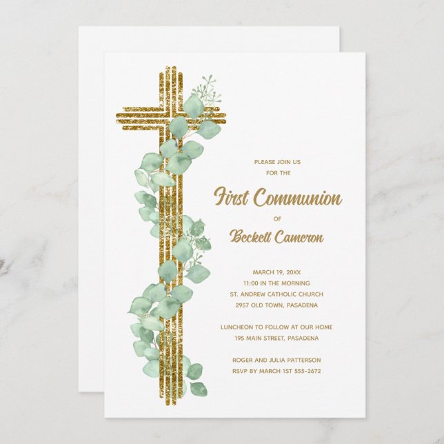 Convites Elegant Eucalyptus and Cross First Communion (Frente/Verso)