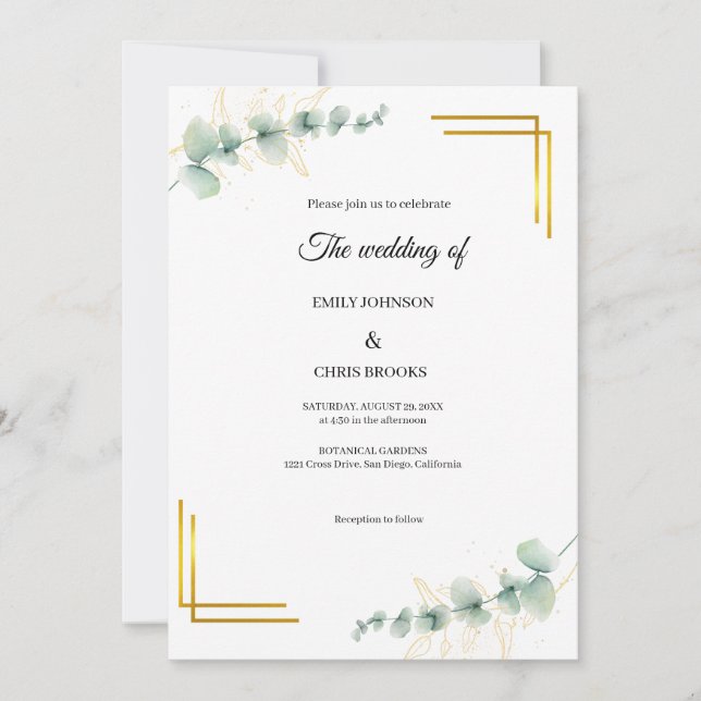 Convites Elegant Eucalyptus Gold Wedding  (Frente)
