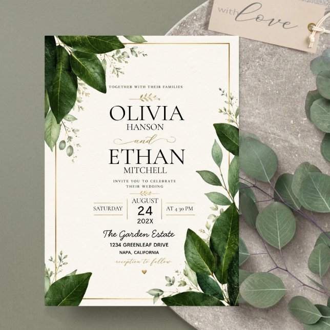 Convites Elegant Eucalyptus Greenery and Gold Accents (Criador carregado)