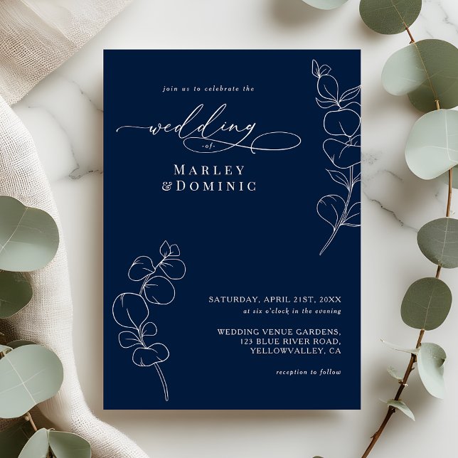 Convites Elegant Eucalyptus Greenery Navy Blue Wedding (Criador carregado)