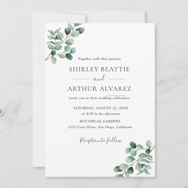 Convites Elegant Eucalyptus Greenery Wedding (Frente)