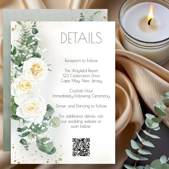 Convites Elegant Eucalyptus Greenery Wedding Details Card (Elegant eucalyptus greenery wedding details card with white roses and botanical design)