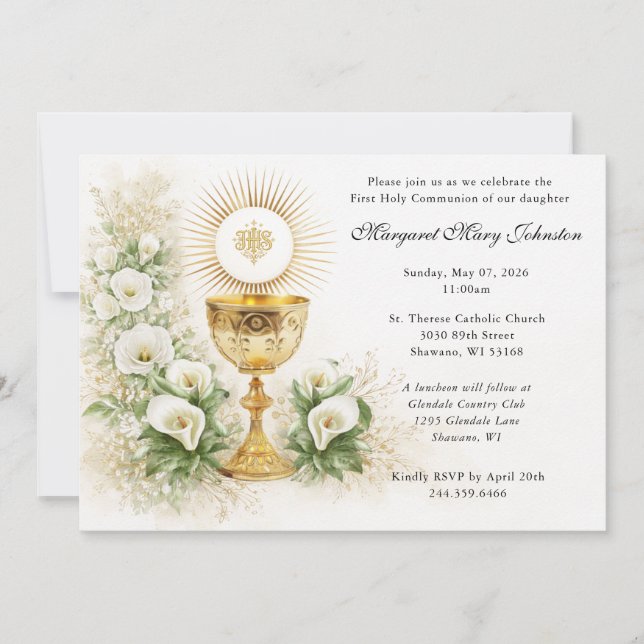Convites Elegant Eucharist First Communion Floral (Frente)