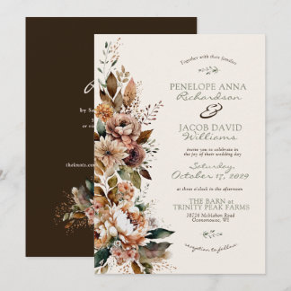 Convites Elegant Fall Floral Dark Brown Boho Autumn Wedding