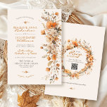 Convites Elegant Fall Floral Ivory Rustic Autumn Wedding<br><div class="desc">Personalize this unique and elegant watercolor Fall floral all-in-one ivory Autumn season wedding invitation featuring soft terracotta orange and cream flowers and sage green and brown leaves along the right-hand side with simple typography script over a soft creamy ivory background on the front, and a lovely circle floral wreath frame...</div>
