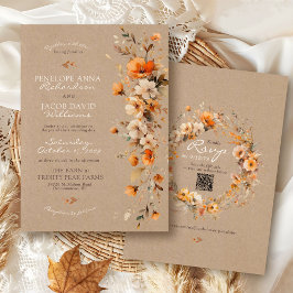 Convites Elegant Fall Floral Rustic Kraft Autumn QR Wedding
