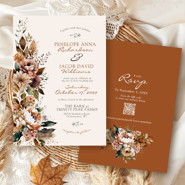 Convites Elegant Fall Floral Terracotta Boho Autumn Wedding (Elegant watercolor Fall floral terracotta rust burgundy rustic Autumn QR code wedding invitation)