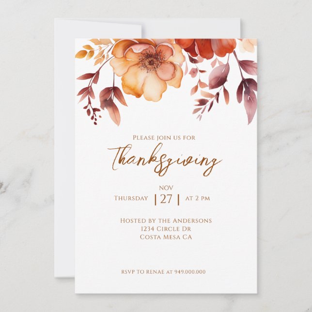 Convites Elegant Fall Floral Thanksgiving Party  (Frente)