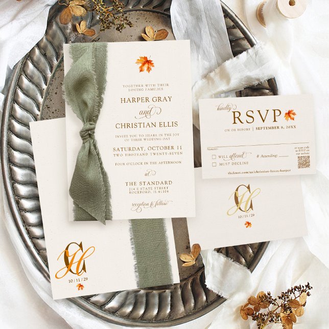 Convites Elegant Fall Leaves Autumn Rustic Ribbon Wedding (Elegant beige rust orange brown watercolor fall maple leaf simple modern Autumn wedding invitation)