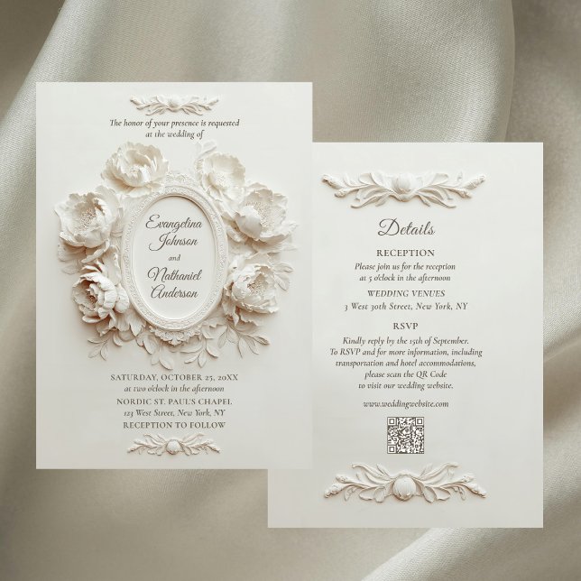 Convites Elegant Faux Embossed Peonies Formal Wedding  (Criador carregado)