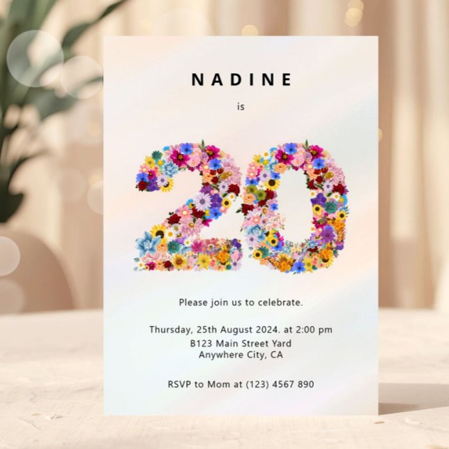 Convites Elegant Feminine Chic Floral 20th Birthday (floral birthday invitation, 20th birthday invite, flower number invitation, feminine birthday invite)