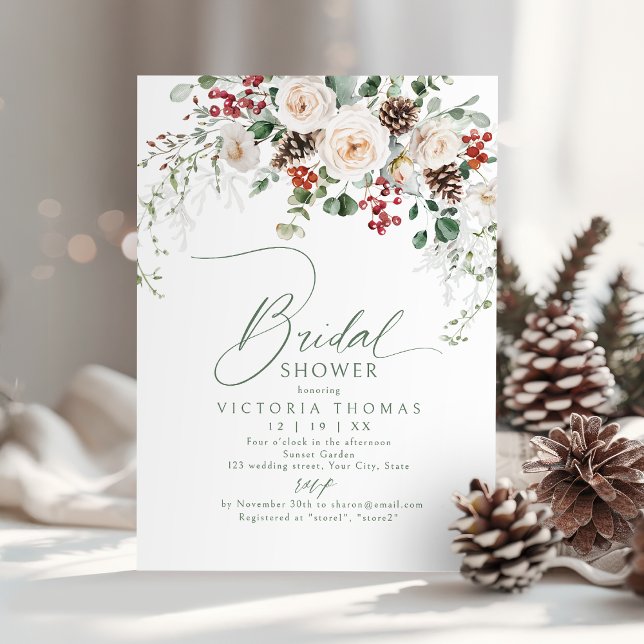 Convites Elegant Festive Floral Holiday bridal shower (Elegant Festive Floral Holiday bridal shower Invitation)