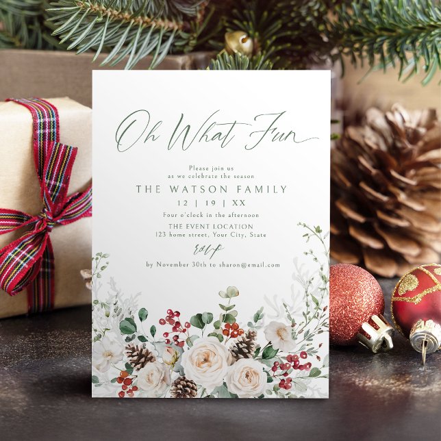 Convites Elegant Festive Floral Oh What Fun Holiday Party (Elegant Festive Floral Oh What Fun Holiday Party Invitation)
