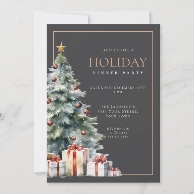 Convites Elegant Festive Grey Gold Holiday Dinner Party (Frente)