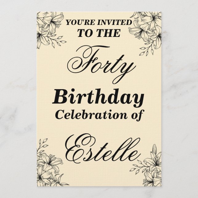Convites Elegant Floral 40th Birthday Invitation Template (Frente)