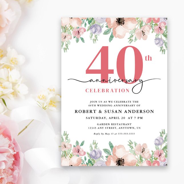 Convites Elegant Floral 40th Wedding Anniversary (Criador carregado)