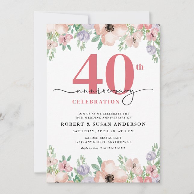 Convites Elegant Floral 40th Wedding Anniversary (Frente)
