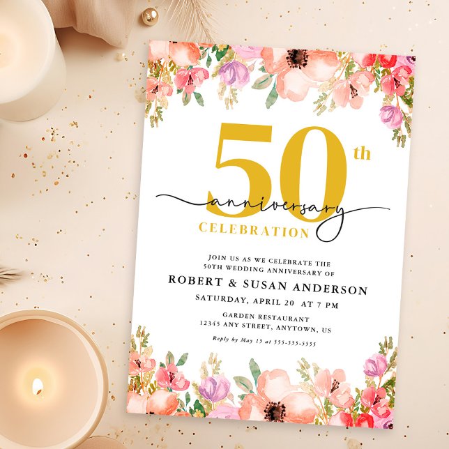 Convites Elegant Floral 50th Wedding Anniversary (Criador carregado)
