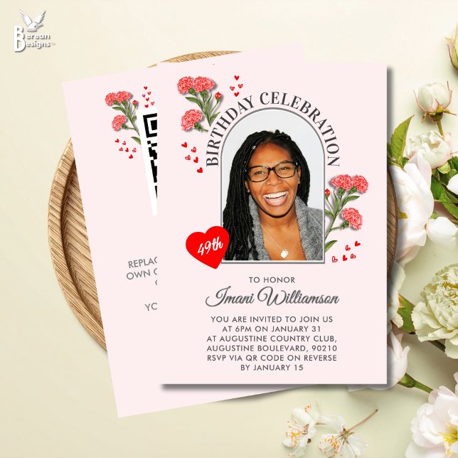 Convites Elegant Floral ANY AGE Photo JANUARY Birthday  (JANUARY birth month flower birthday invitation with customizable photo and text)