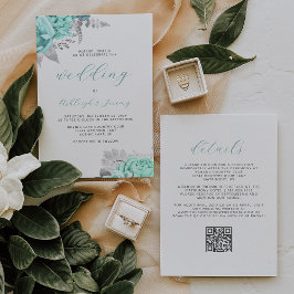 Convites Elegant Floral Aqua Silver QR Code Wedding