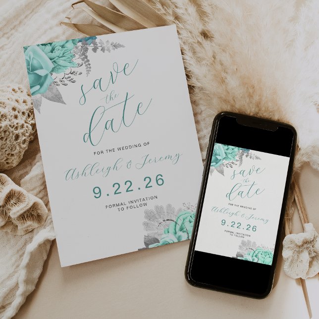 Convites Elegant Floral Aqua Silver Save the Date (Criador carregado)