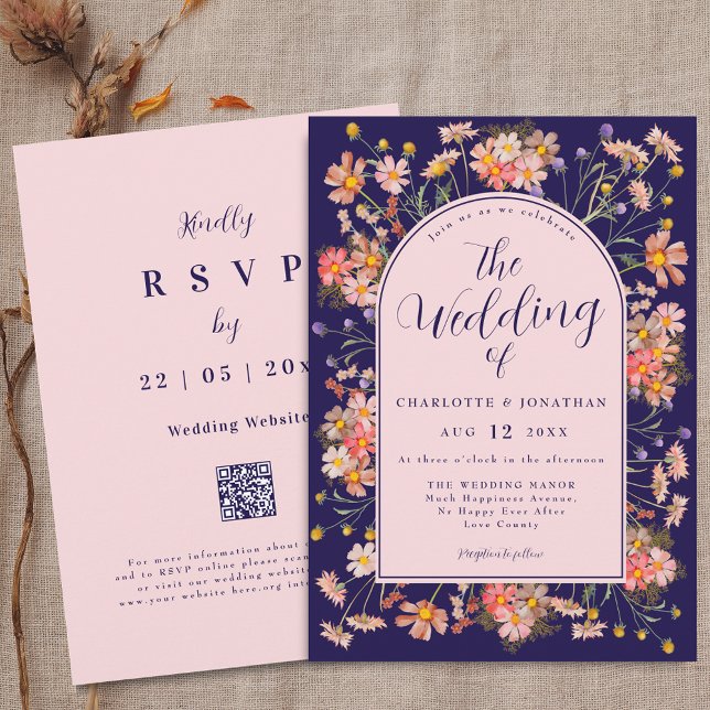 Convites Elegant Floral Arch Navy Blue Blush Pink Wedding (Elegant Wildflower watercolor floral arch navy blue blush pink Wedding qr code invitation)