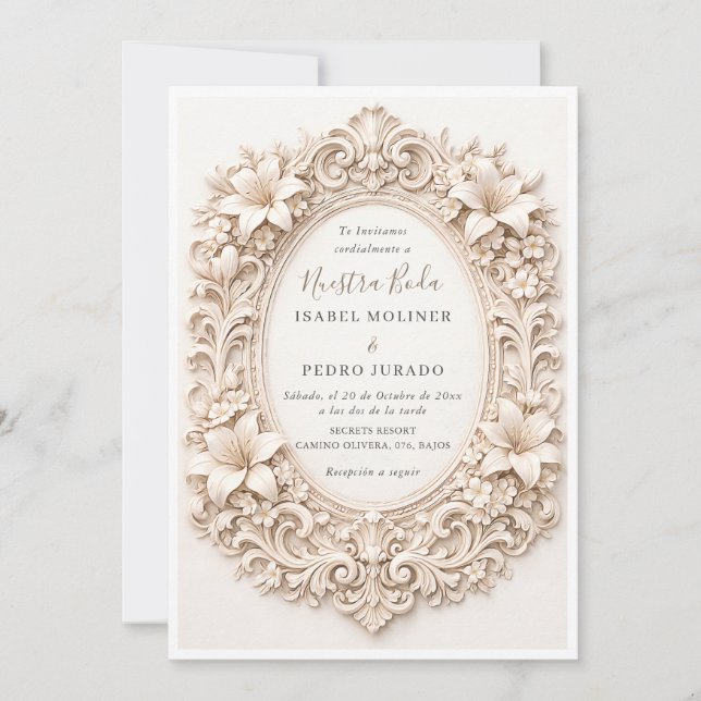Convites Elegant Floral Baroque Frame Nuestra Boda Wedding (Frente)