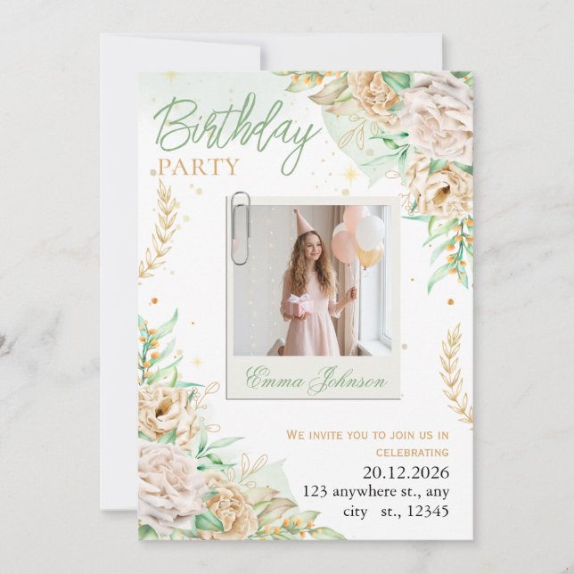 Convites Elegant Floral Birthday (Frente)