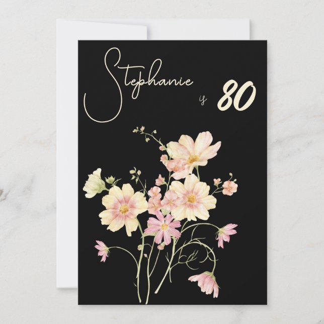 Convites Elegant Floral Black  80th Birthday Rose Gold Foil (Frente)