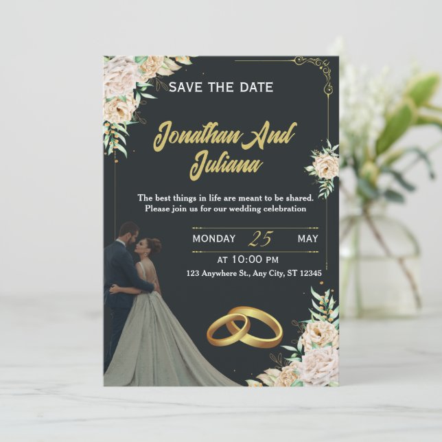 Convites Elegant Floral Black Gold Custom Wedding Invite  (Em pé/Frente)