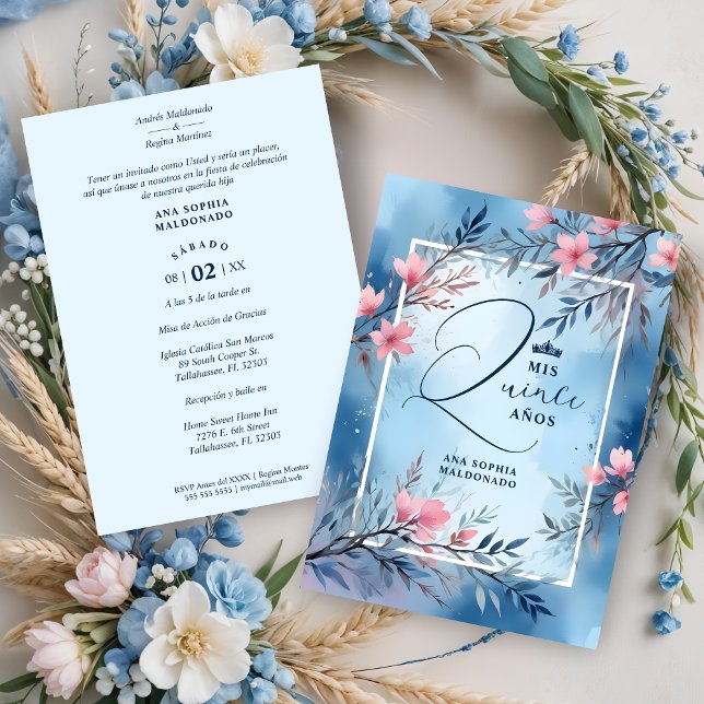 Convites Elegant Floral Blue & Pink Romantic Frame XV's (Elegant Floral Blue & Pink Romantic Frame Mis XV Años Invitations Cards in Spanish.)