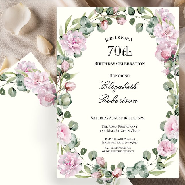 Convites Elegant Floral Border Pink 70th Birthday Custom (Criador carregado)