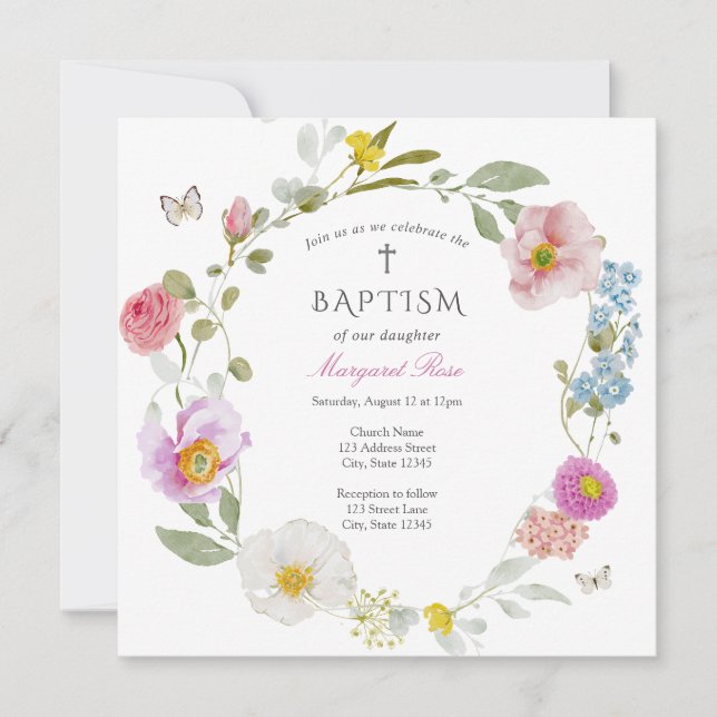 Convites Elegant Floral Butterfly Baptism Invitation (Frente)