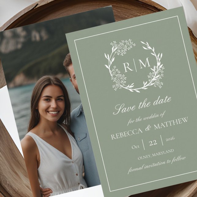 Convites Elegant Floral Crest Monogram Photo (Elegant Floral Crest Monogram Photo Save the Date)