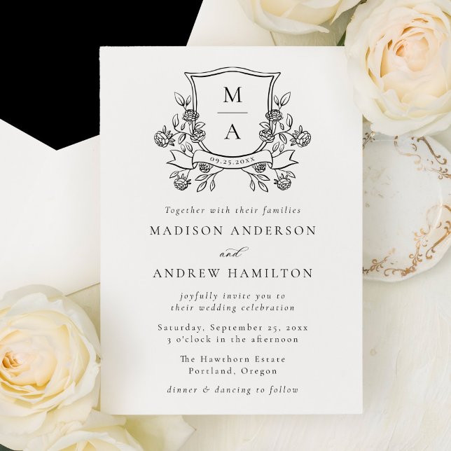 Convites Elegant Floral Crest Monogram Wedding (Criador carregado)