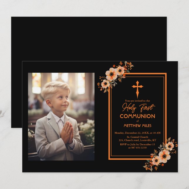 Convites Elegant floral first católica communion (Frente/Verso)