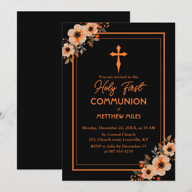 Convites Elegant floral first católica communion (Frente/Verso)