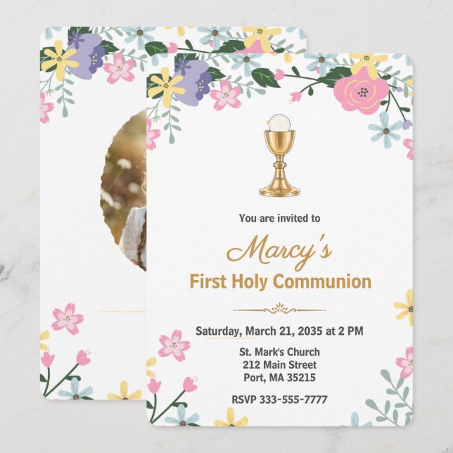 Convites Elegant Floral First Holy Communion Photo  (Frente/Verso)
