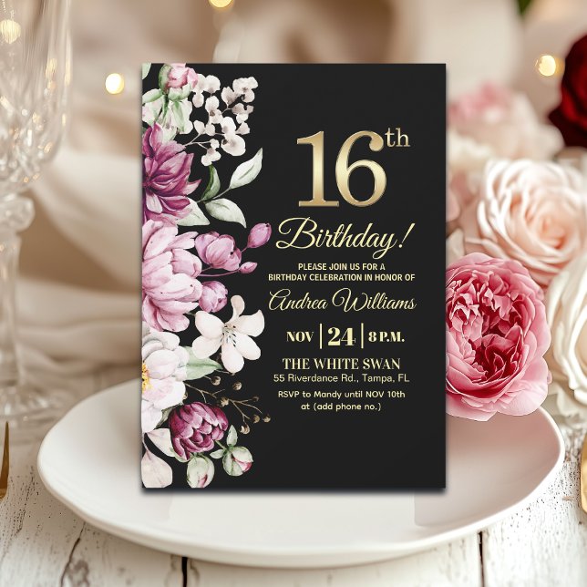 Convites Elegant Floral Gold 16 Birthday Party (Criador carregado)