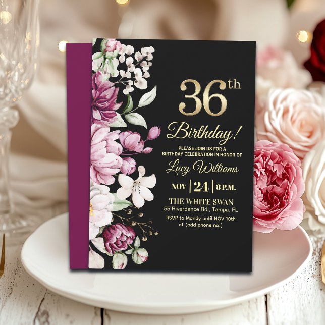 Convites Elegant Floral Gold 36 Birthday Party (Criador carregado)
