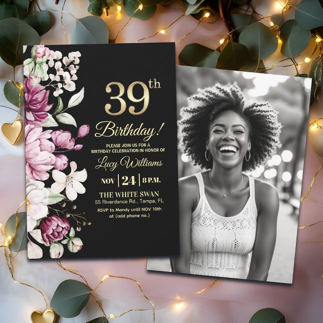 Convites Elegant Floral Gold 39 Birthday Photo (Criador carregado)