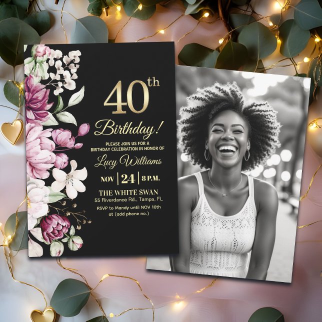 Convites Elegant Floral Gold 40 Birthday Photo (Criador carregado)