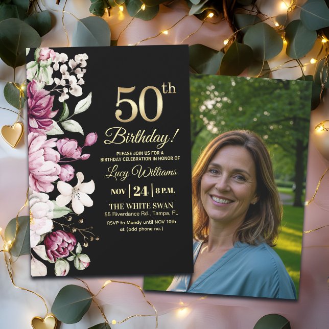 Convites Elegant Floral Gold 50 Birthday Photo (Criador carregado)