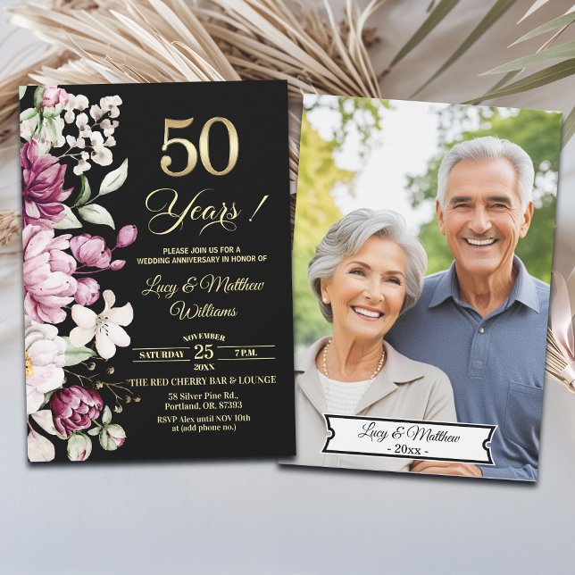 Convites Elegant Floral Gold 50th Wedding Anniversary Photo (Criador carregado)