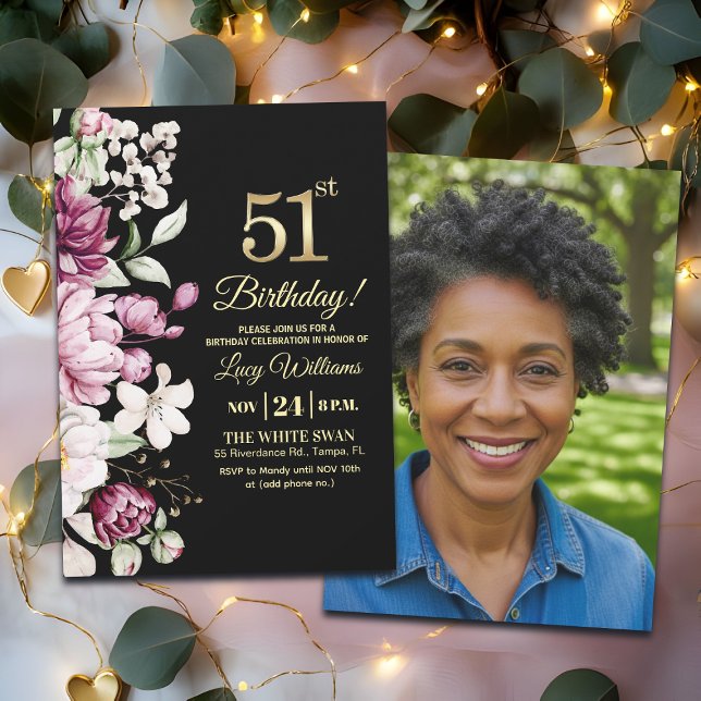 Convites Elegant Floral Gold 51 Birthday Photo (Criador carregado)