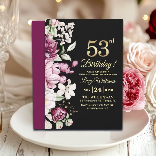 Convites Elegant Floral Gold 53 Birthday Party (Criador carregado)